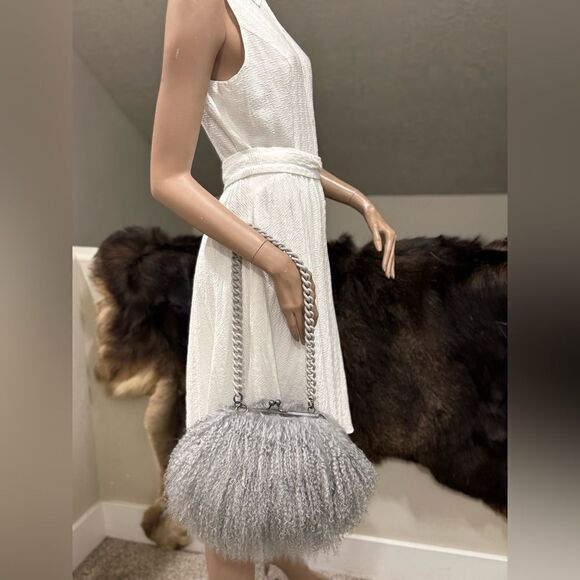 Gray Handmade Genuine Mongolian Lamb Fur Kisslock Clutch/Shoulder Bag/Crossbody - Picture 7 of 16